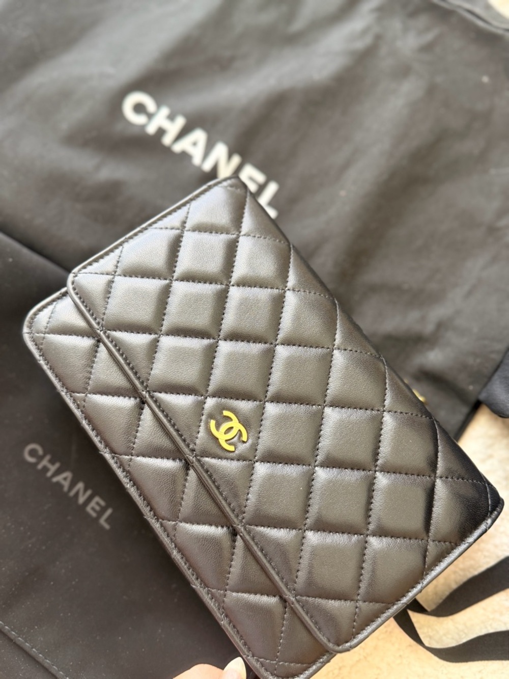 CHANEL Black Quilted Leather Wallet with Gold CC Emblem